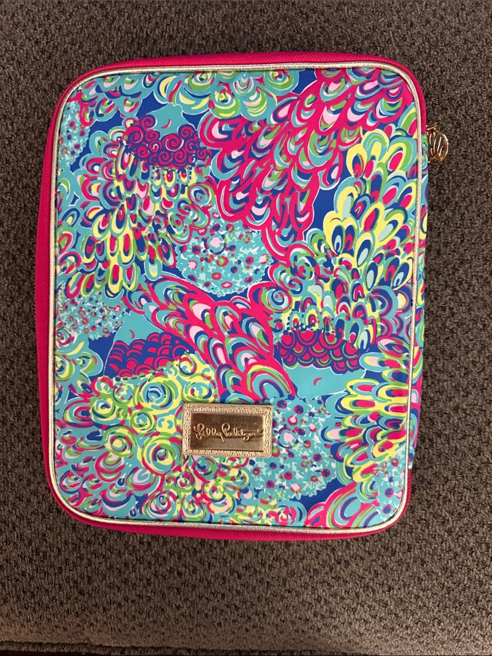 Lilly Pulitzer Turquoise, Pink & Lime Printed zip Tablet case with Gold Logo